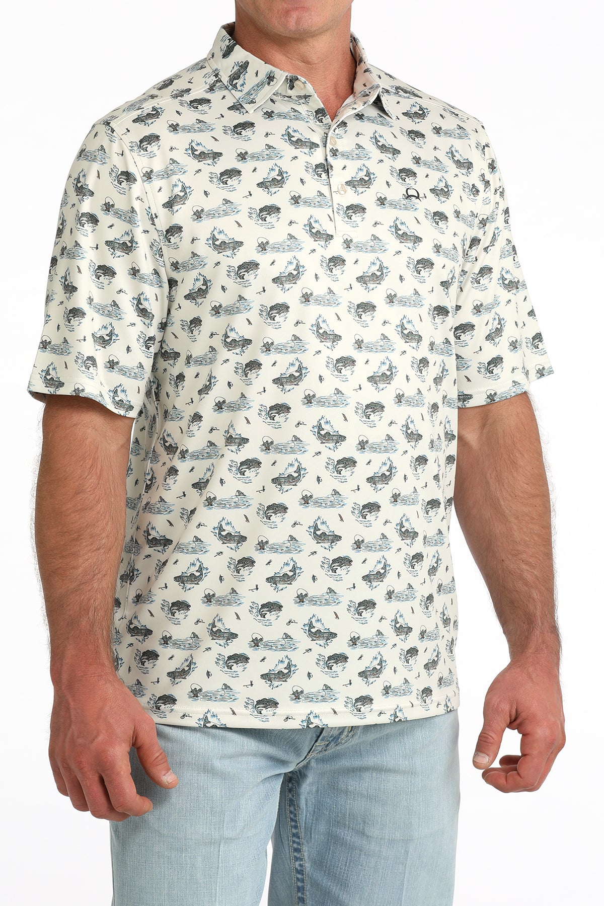 Cinch Men's S/S Arenaflex Western Print Polo in Cream Fishy Print