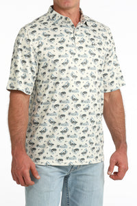 Cinch Men's S/S Arenaflex Western Print Polo in Cream Fishy Print
