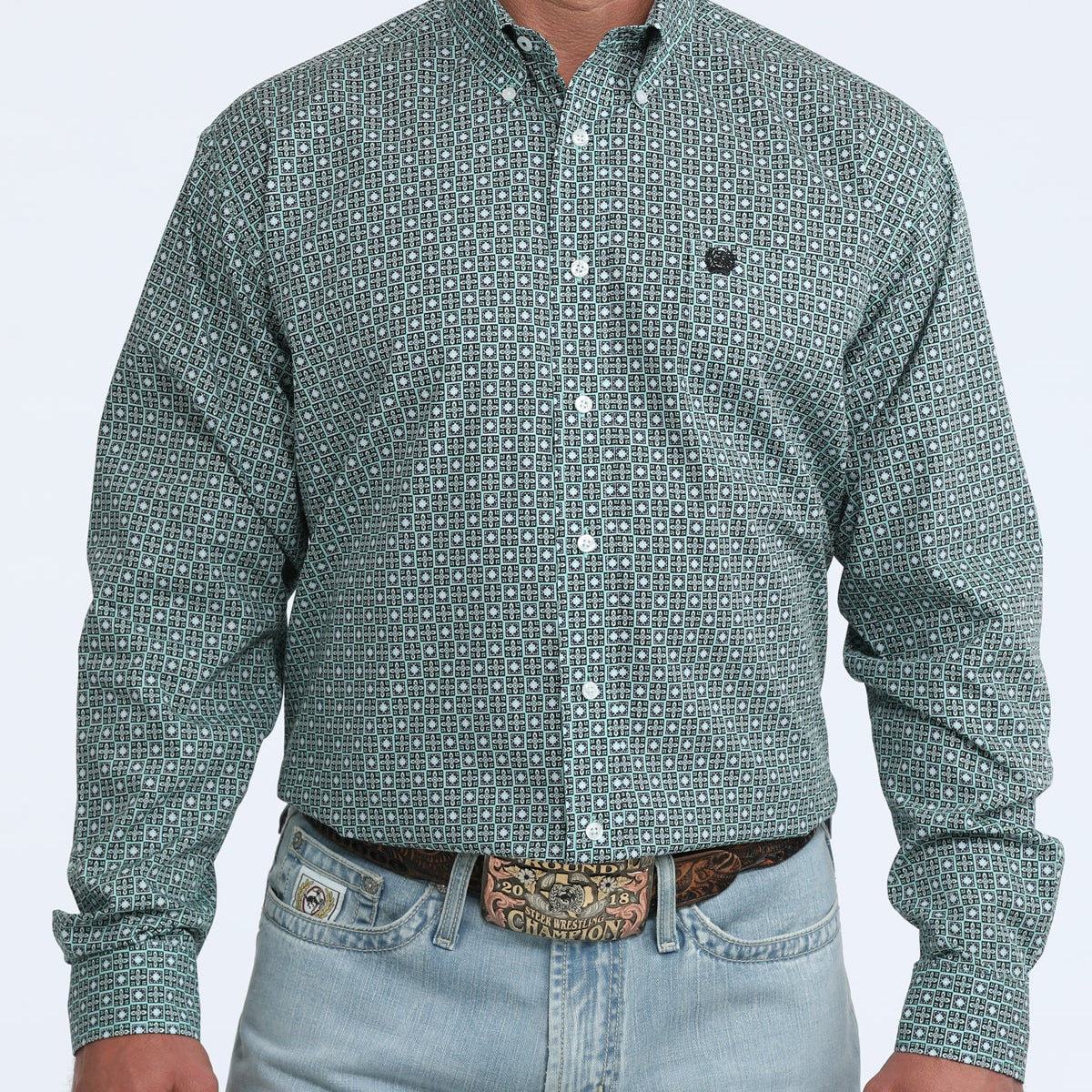 Cinch Men's L/S Classic Fit Button Down Western Shirt in Aqua Geometric