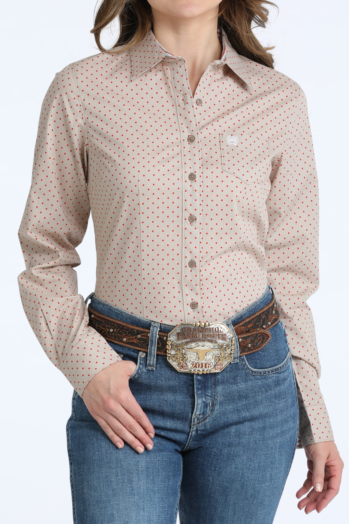 Cinch Women's L/S Geo Print Western Button Down Shirt in Khaki/Red