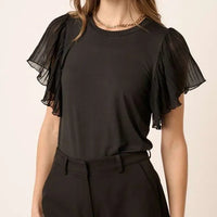 Women's Mixed Media Pleated Ruffle Sleeve Top in Black