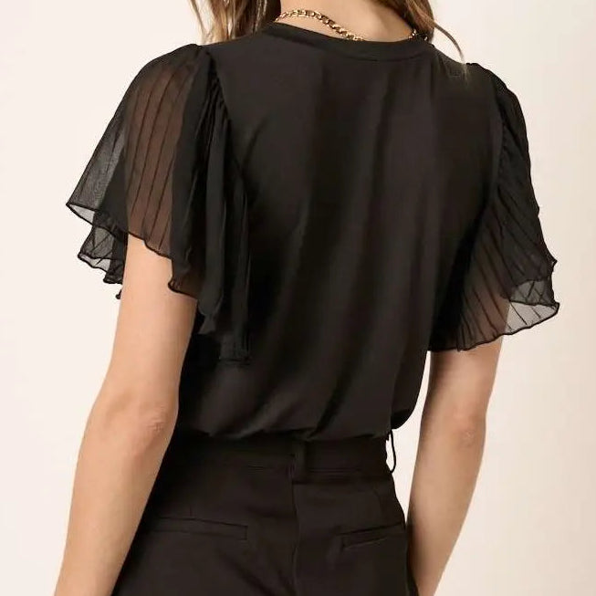 Women's Mixed Media Pleated Ruffle Sleeve Top in Black