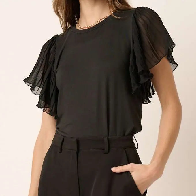 Women's Mixed Media Pleated Ruffle Sleeve Top in Black