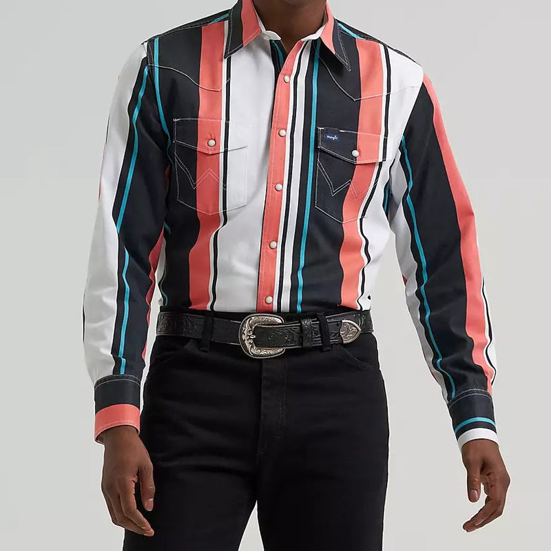Wrangler Men's L/S Vintage Inspired Brushpopper Western Snap Work Shirt in Burning Coral