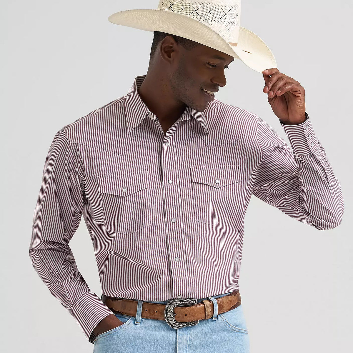 Wrangler Men's Wrinkle Resist Long Sleeve Western Snap Stripe Shirt in Cinnamon (Available in Tall Sizes)