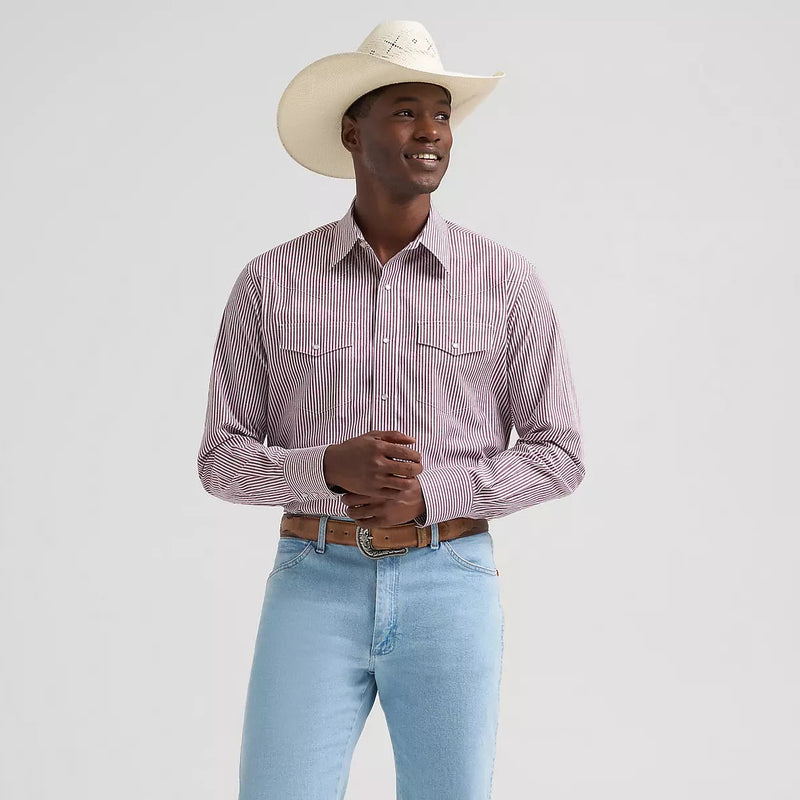 Wrangler Men's Wrinkle Resist Long Sleeve Western Snap Stripe Shirt in Cinnamon (Available in Tall Sizes)