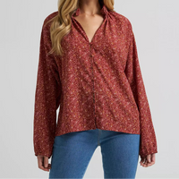 Wrangler Women's L/S Button Front Princess Blouse in Burgundy
