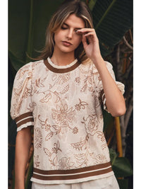Women's Lightweight Printed Short Sleeve Blouse in Taupe Multi (Available in Regular and Plus Sizes)