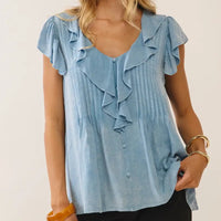 Women's Ruffle Trim Cap Sleeve Top in Washed Blue (Available in Regular and Plus Sizes)