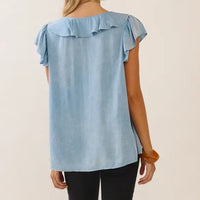 Women's Ruffle Trim Cap Sleeve Top in Washed Blue (Available in Regular and Plus Sizes)