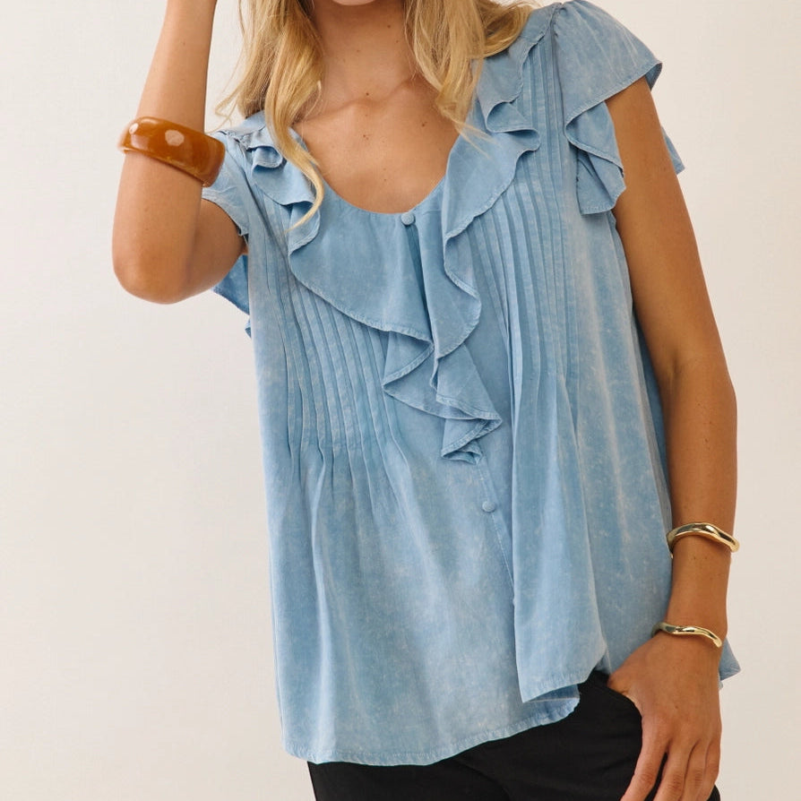 Women's Ruffle Trim Cap Sleeve Top in Washed Blue (Available in Regular and Plus Sizes)