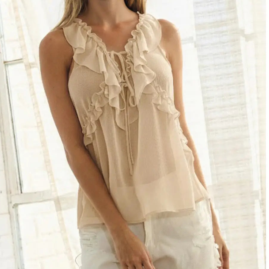 Women's Sleeveless Ruffle Trim Top in Ivory (Available in Regular and Plus Sizes)