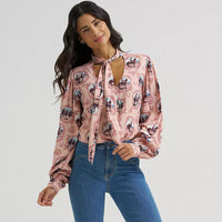 Wrangler Retro® Women's L/S Cameo Tie Neck Blouse in Pink