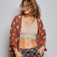 Women's Dolman Sleeve Chenille Crochet Cardigan in Brick/Latte