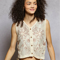 Women's V-Neck Floral Embroidered Crochet Vest in Natural/Brick