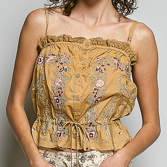 Women's Spaghetti Strap Embroidered Trim Tank in Yellow