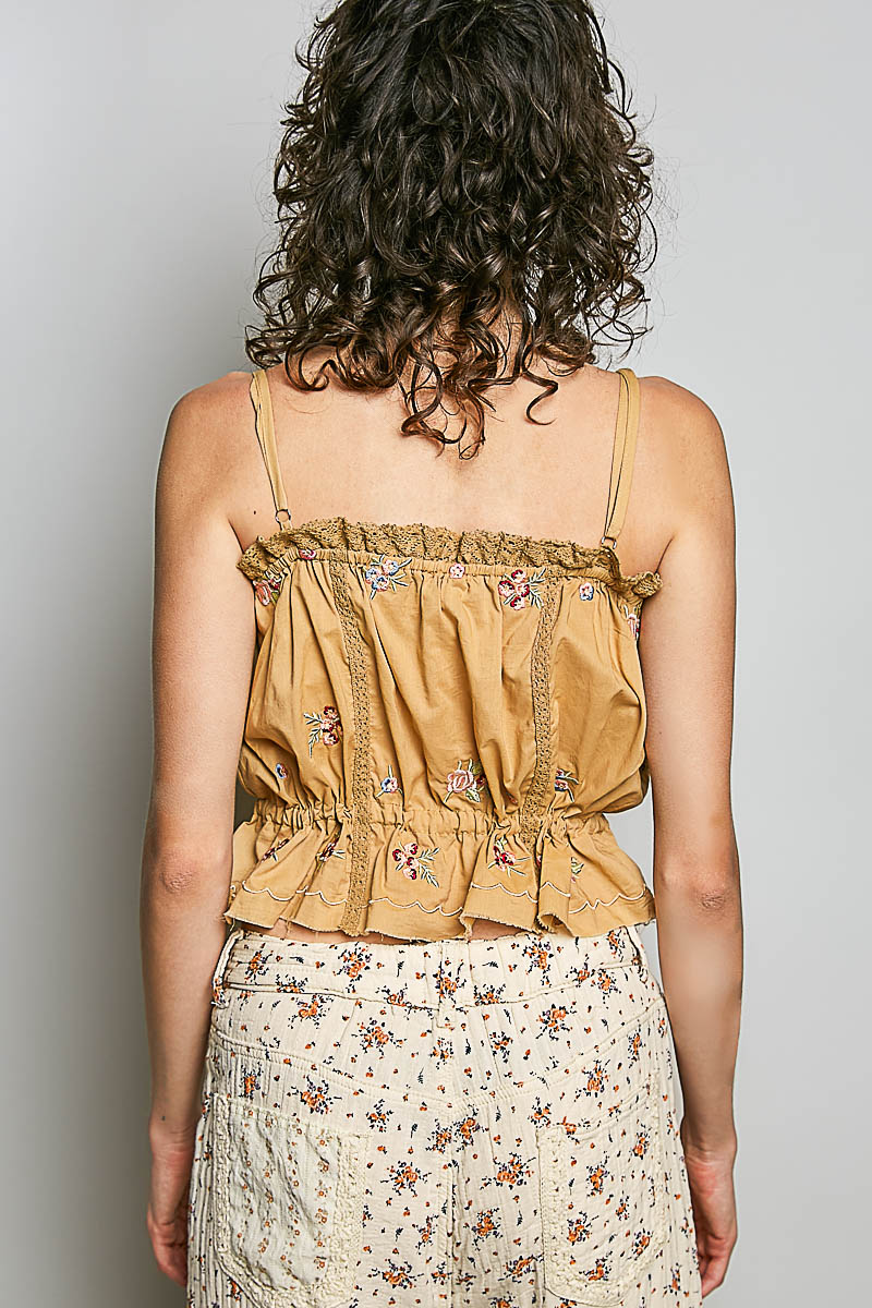 Women's Spaghetti Strap Embroidered Trim Tank in Yellow