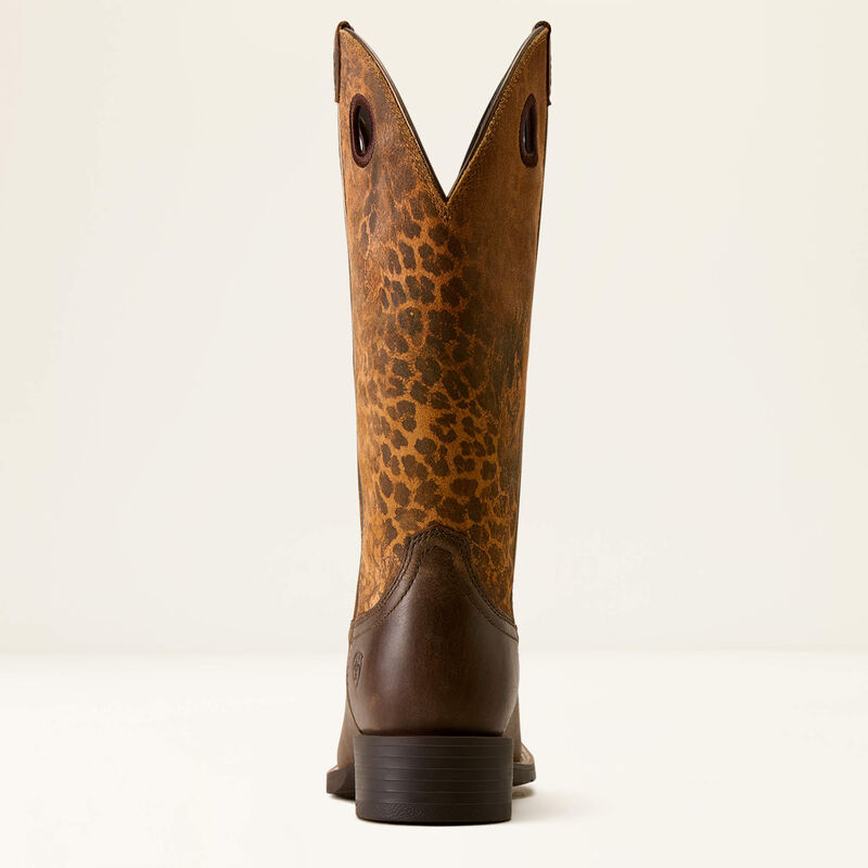 Ariat Women's Round Up Ryder Wide Square Toe Boot in Dark Cacao/ Distressed Leopard
