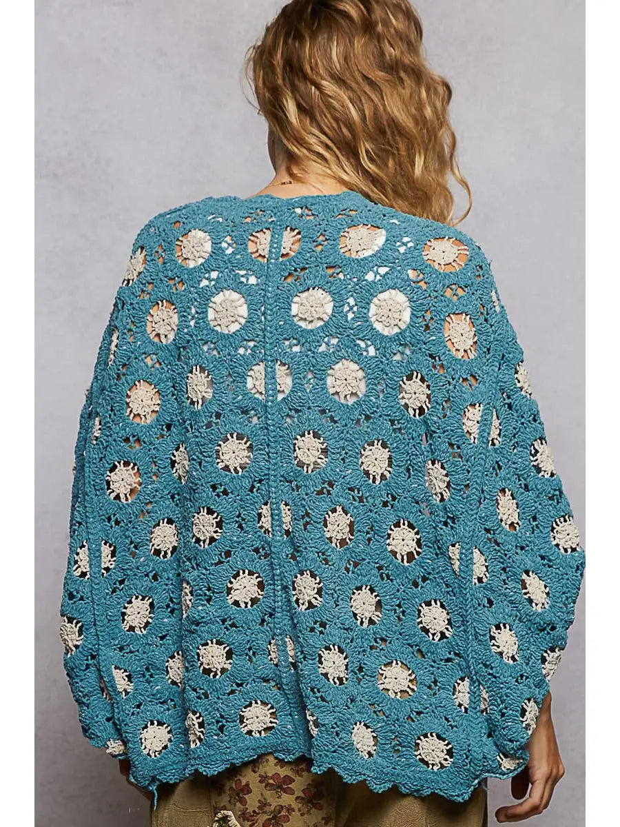 Women's Dolman Sleeve Chenille Crochet Cardigan in Teal Blue/Cream
