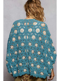 Women's Dolman Sleeve Chenille Crochet Cardigan in Teal Blue/Cream
