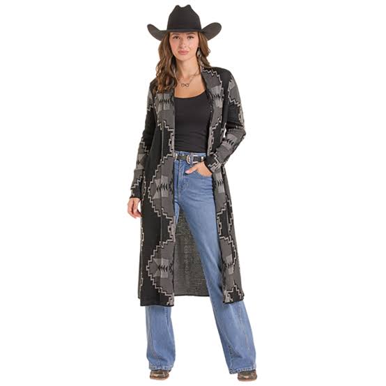 Women's Rock & Roll Denim Aztec Knit Cardigan Sweater in Black