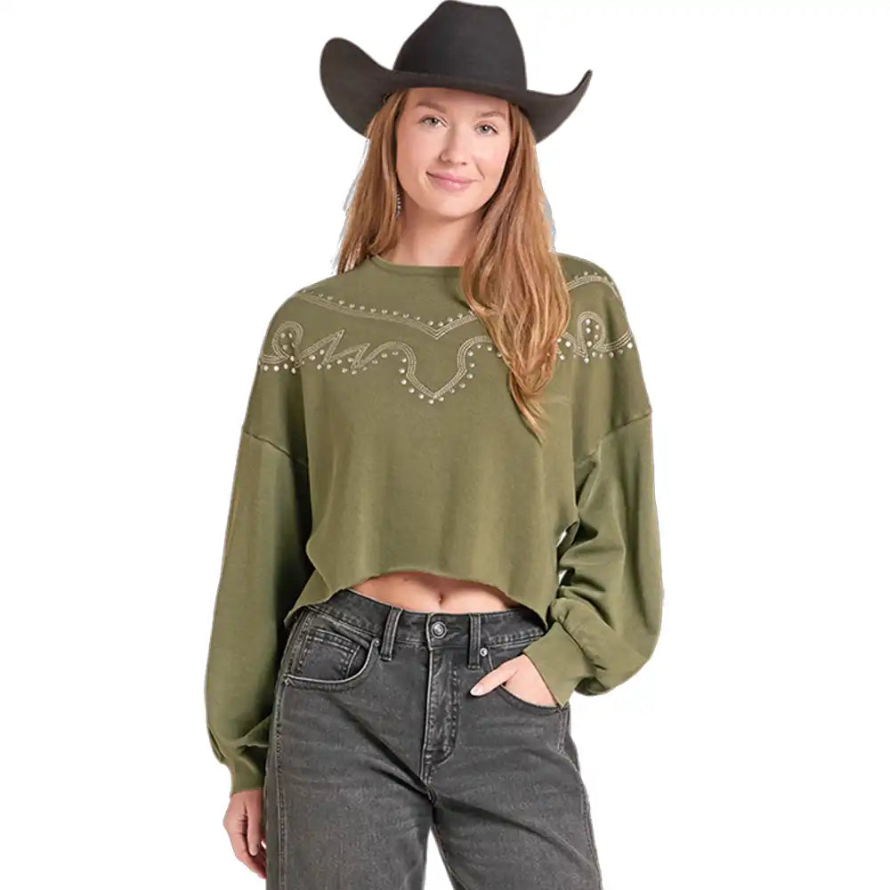 Women's Rock & Roll Denim Studded Sweatshirt in Olive