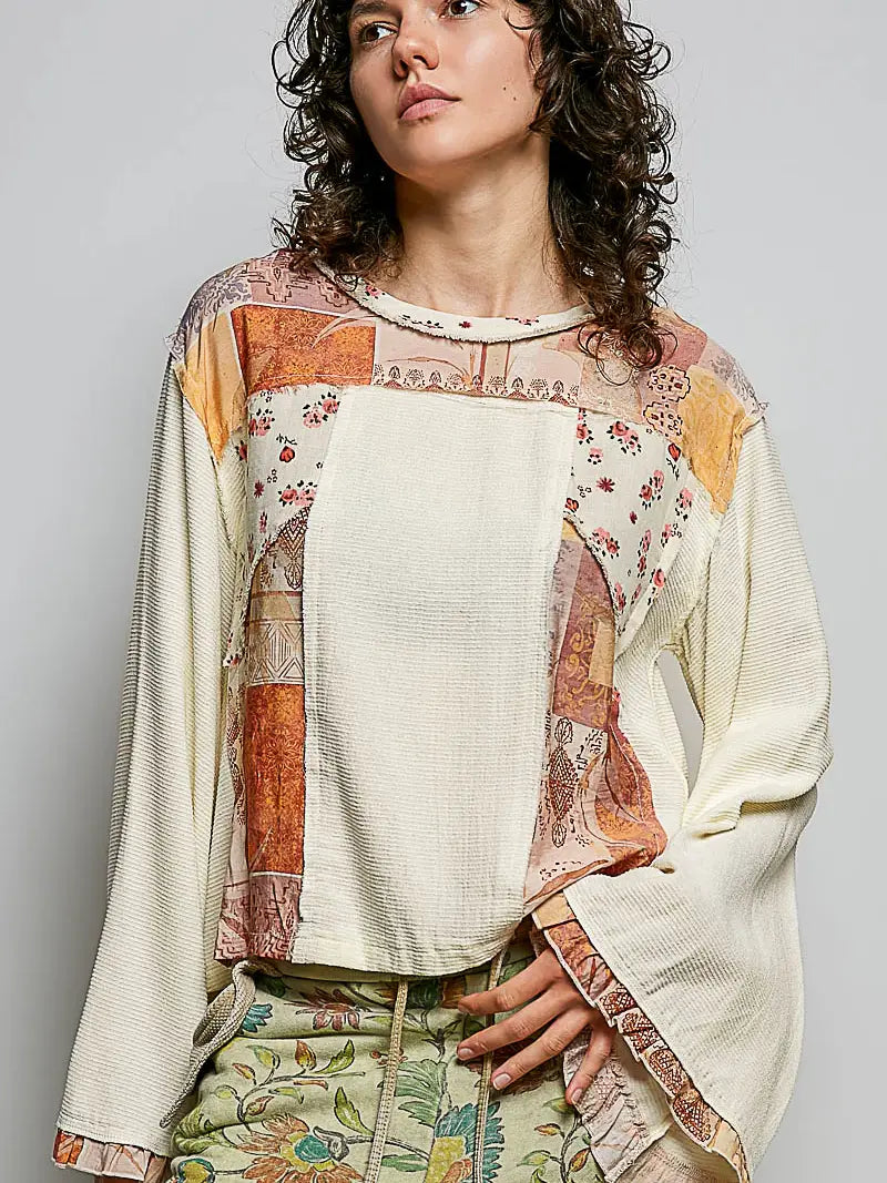 Women's Long Sleeve Boho Mixed Media Top in Cream