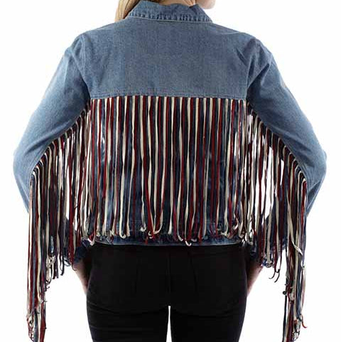 Scully Women's Americana Fringe Denim Jacket in Red, White, and Blue