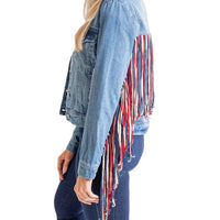 Scully Women's Americana Fringe Denim Jacket in Red, White, and Blue