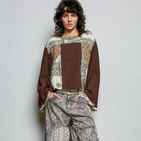 Women's Long Sleeve Boho Mixed Media Top in Chocolate