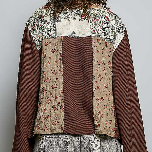 Women's Long Sleeve Boho Mixed Media Top in Chocolate