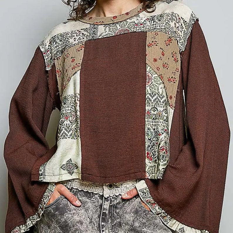 Women's Long Sleeve Boho Mixed Media Top in Chocolate
