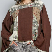 Women's Long Sleeve Boho Mixed Media Top in Chocolate