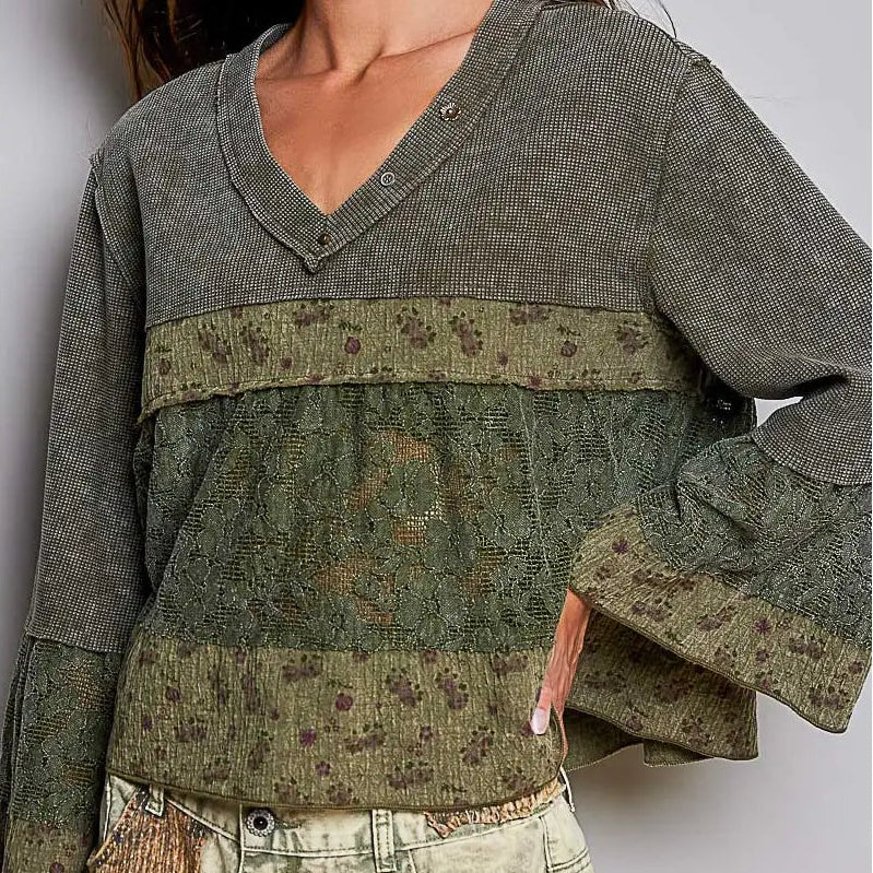 Women's Three-Quarter Flare Sleeve Boho Mixed Media Top in Olive