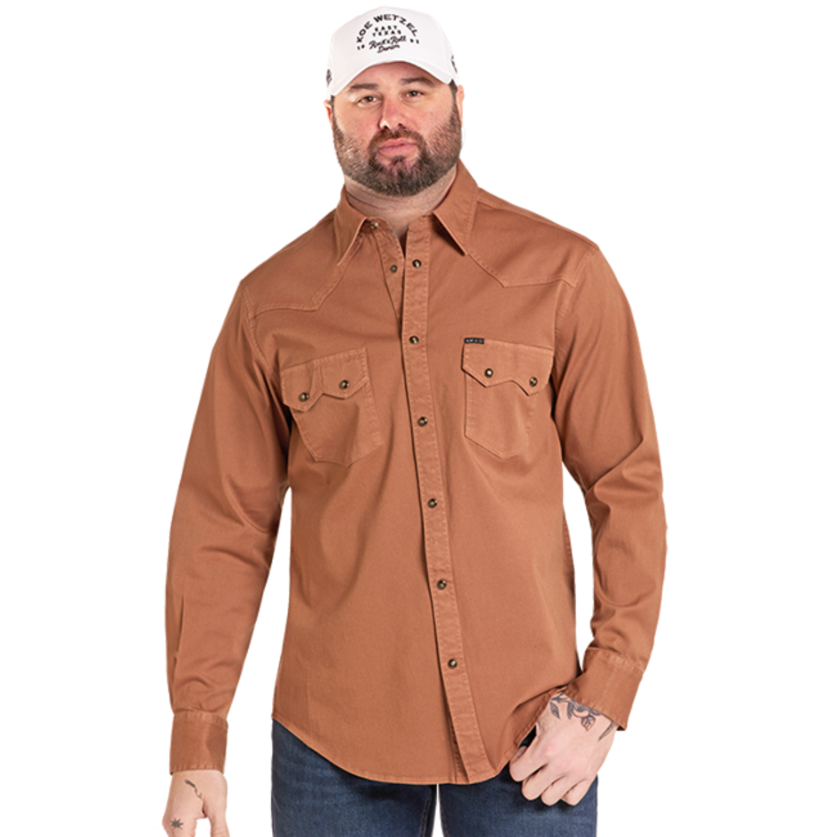 Rock & Roll Denim Men's L/S Koe Wetzel Solid Snap Shirt in Camel