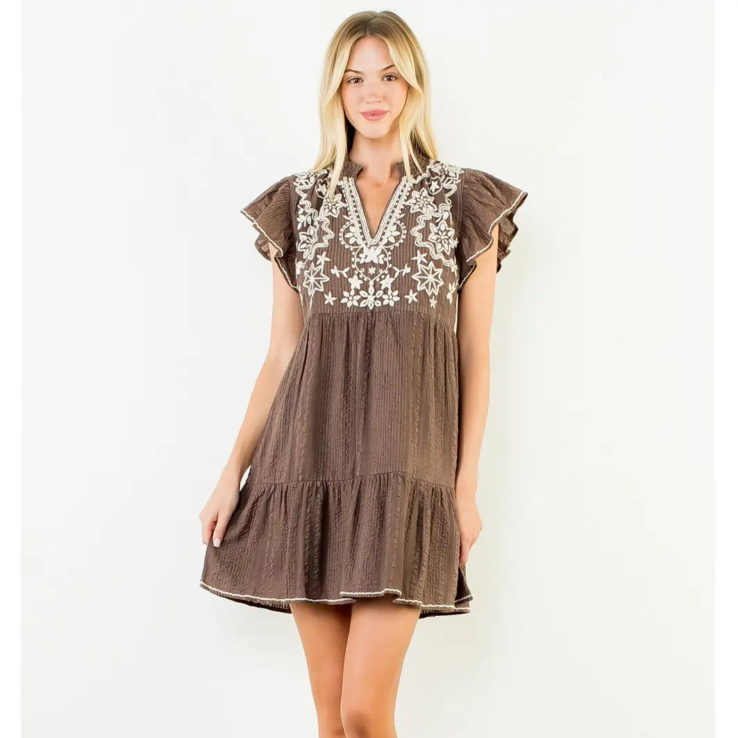 Women's Embroidered Flutter Cap Sleeve Dress in Brown