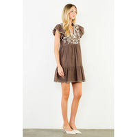 Women's Embroidered Flutter Cap Sleeve Dress in Brown