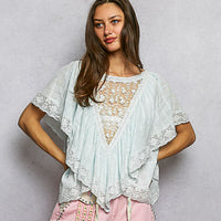 Women's Lace Trim Romantic Cut Blouse in Pale Blue
