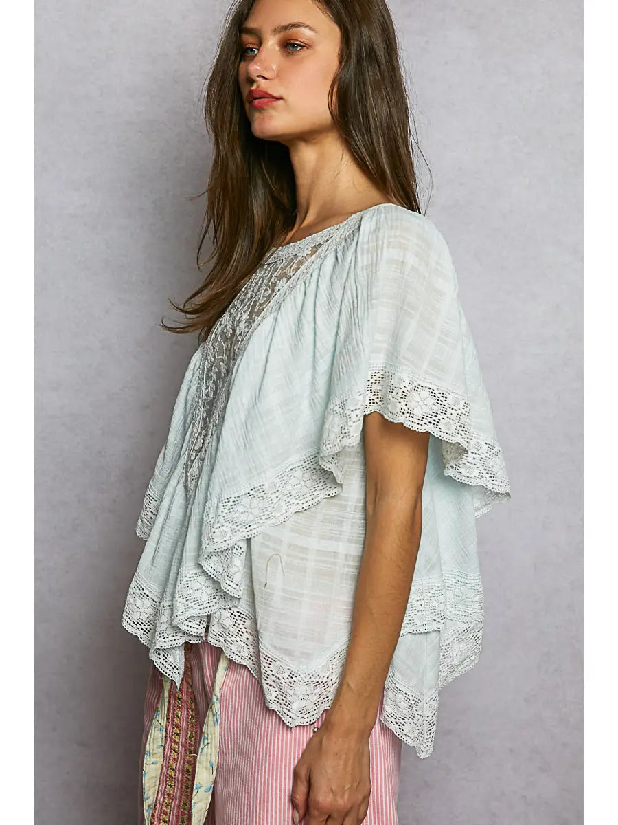 Women's Lace Trim Romantic Cut Blouse in Pale Blue