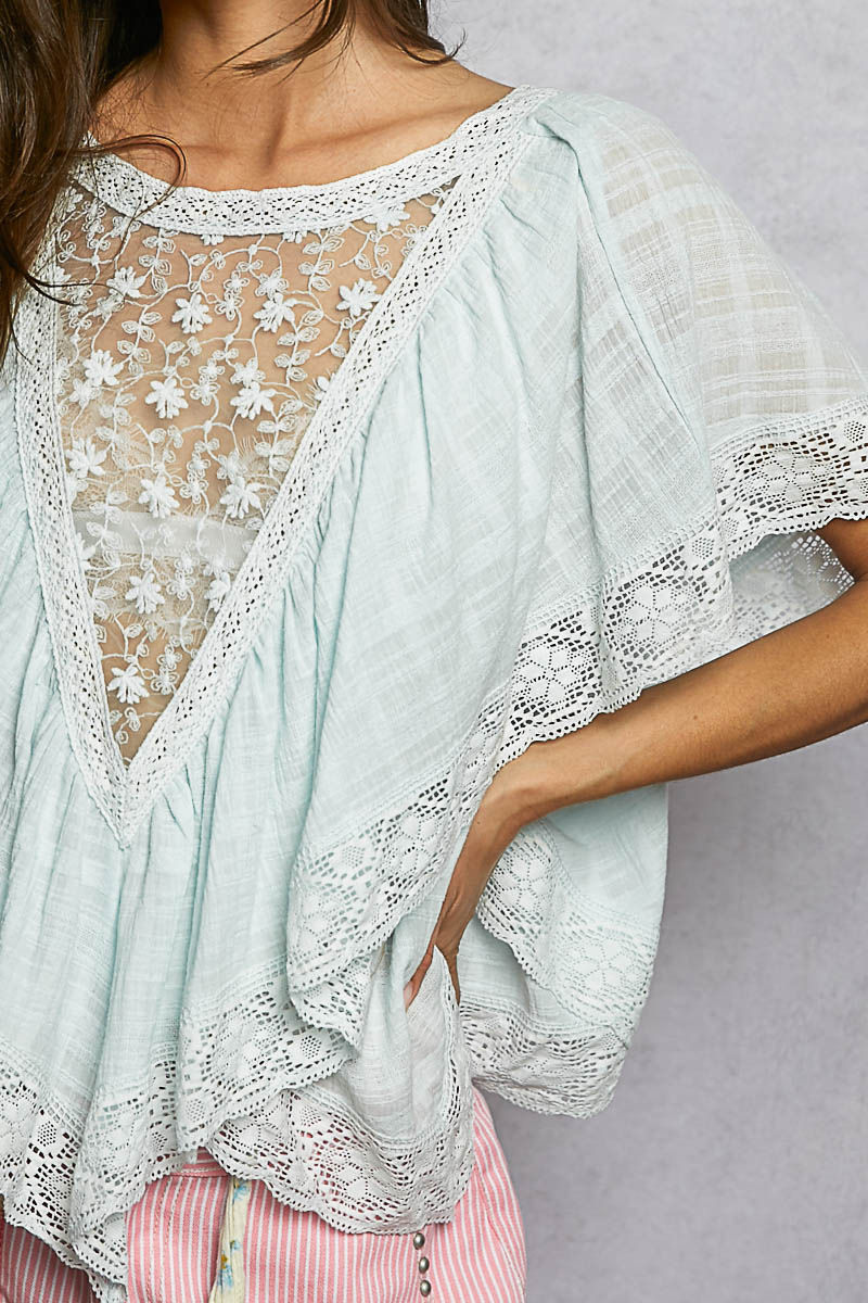 Women's Lace Trim Romantic Cut Blouse in Pale Blue