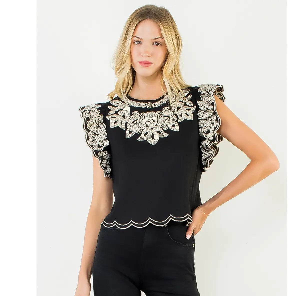 Women's Flutter Sleeve Cropped Embroidery Blouse in Black