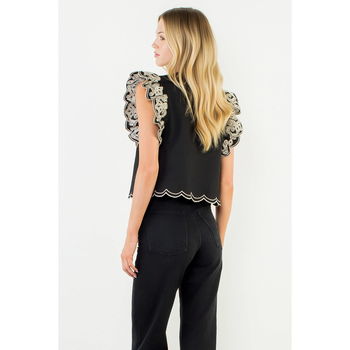 Women's Flutter Sleeve Cropped Embroidery Blouse in Black