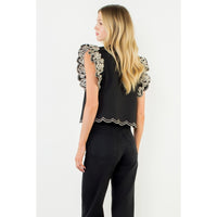 Women's Flutter Sleeve Cropped Embroidery Blouse in Black