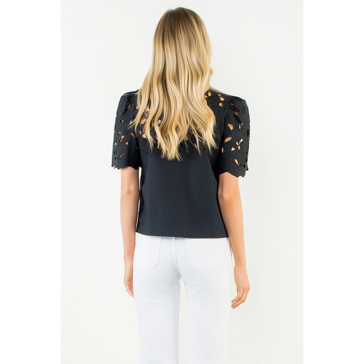 Women's Short Sleeve Eyelet Top in Black