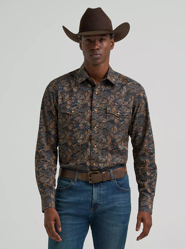 Wrangler Retro® Men's L/S Premium Stripe Western Snap Shirt in Royal Scroll