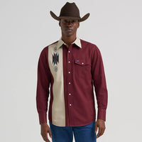 Wrangler Men's L/S Vintage Inspired Contrast Band Western Snap Shirt in Wine