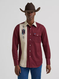 Wrangler Men's L/S Vintage Inspired Contrast Band Western Snap Shirt in Wine