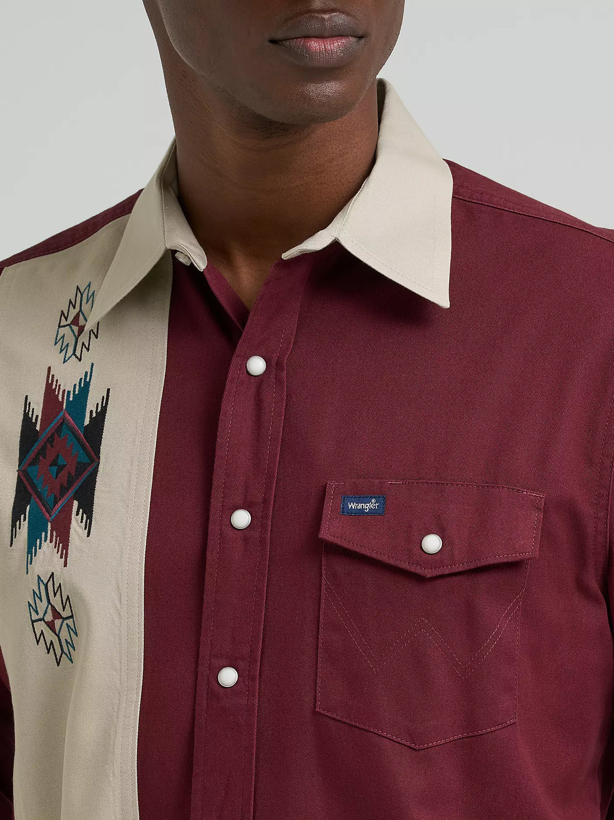 Wrangler Men's L/S Vintage Inspired Contrast Band Western Snap Shirt in Wine