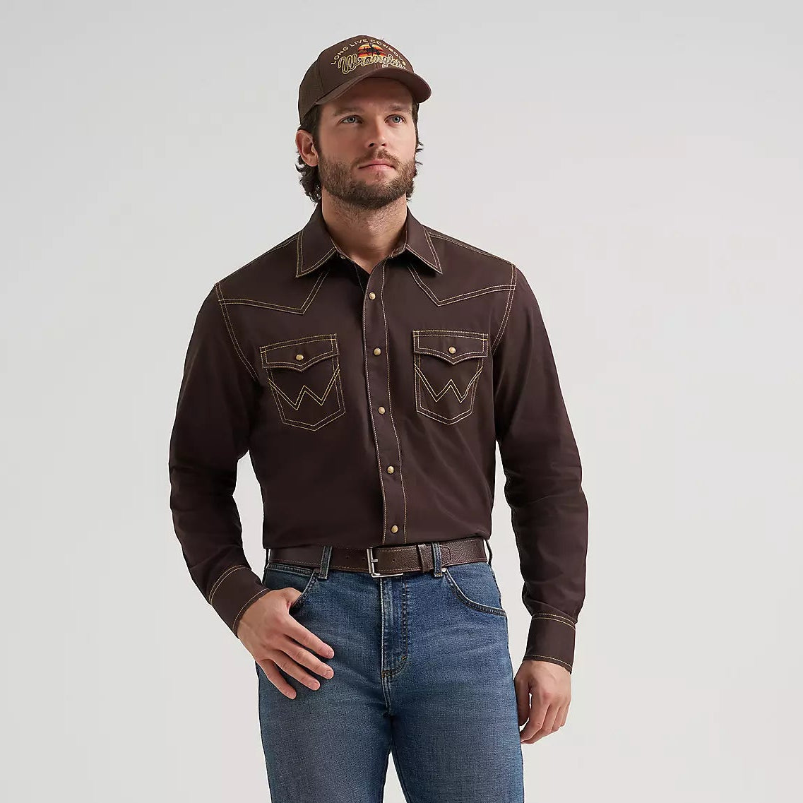 Wrangler Retro Premium Men's L/S Western Snap Solid Shirt in Bark