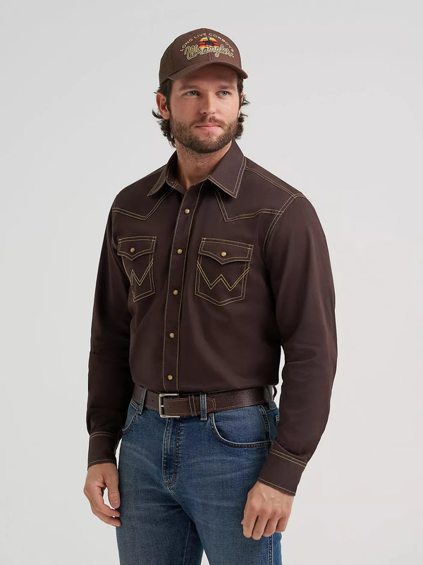 Wrangler Retro Premium Men's L/S Western Snap Solid Shirt in Bark